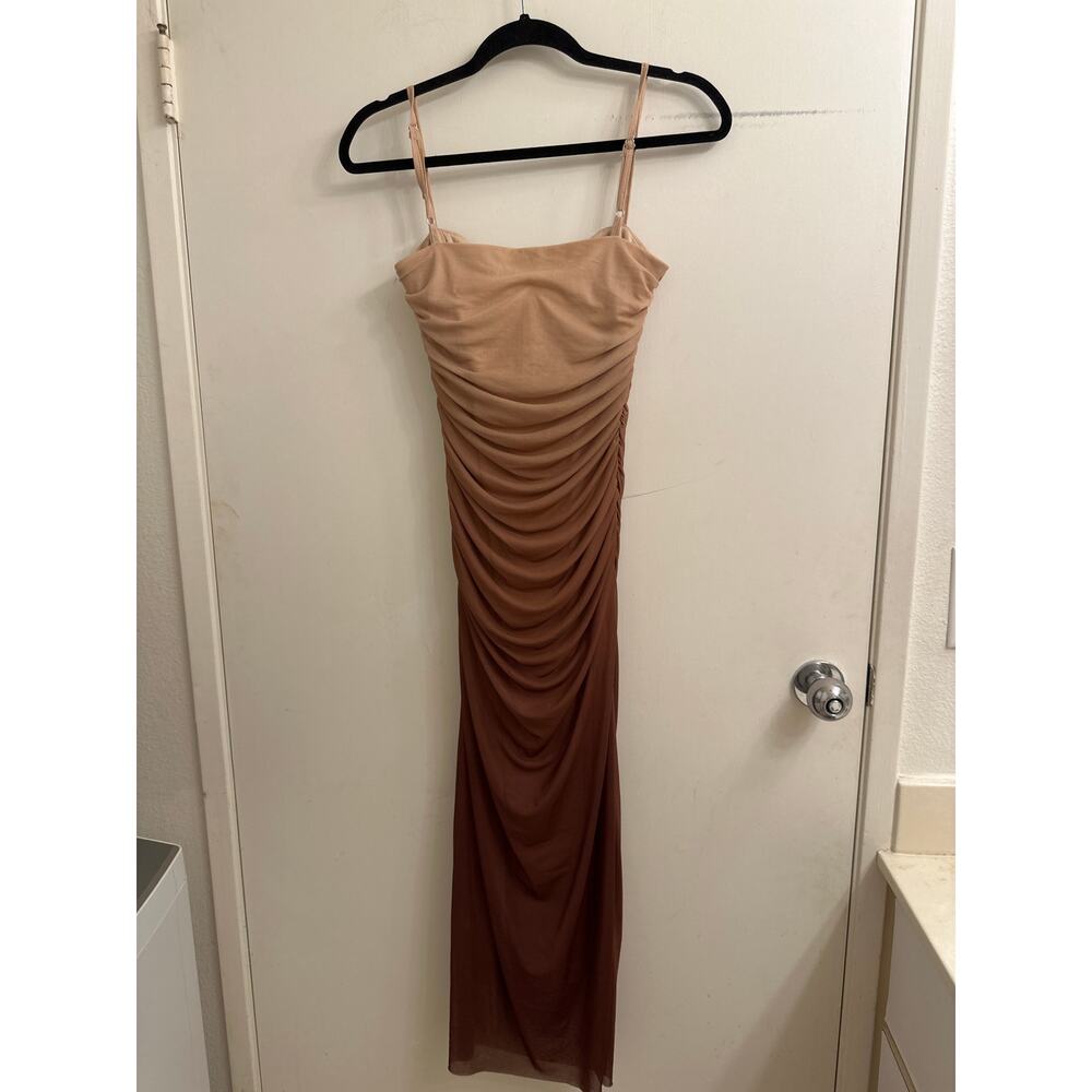 NWT Commense Cappuccino Brown Ruched Slip Dress Cowl Neck Y2K Minimal Glam Small - Picture 2 of 4